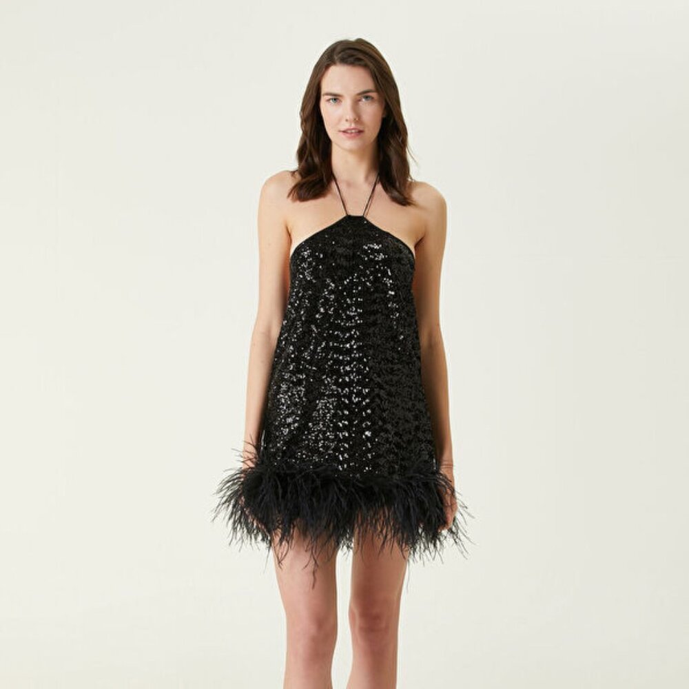 Oséree Sequin Mini Dress with Feathers S/M